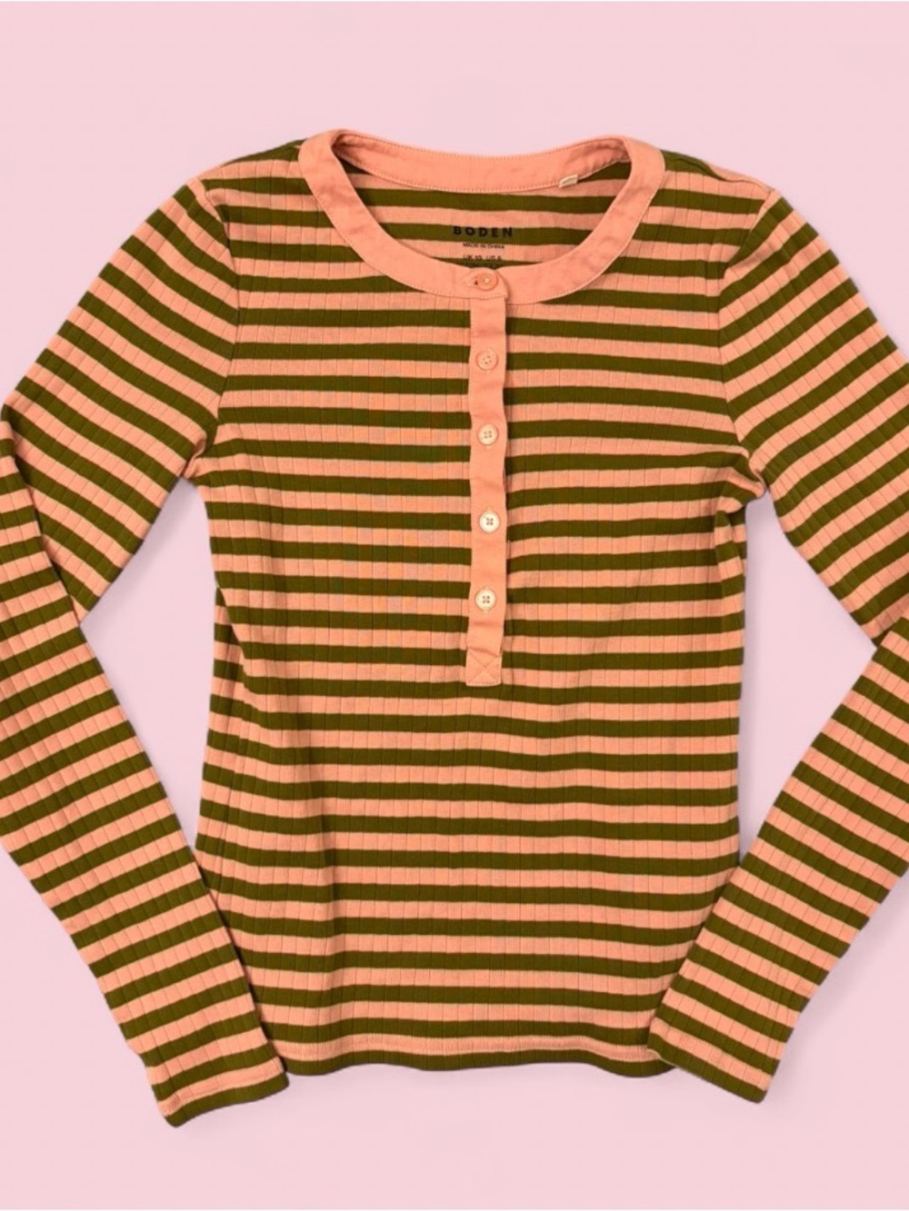 Boden Pink & Green Long Sleeve Striped Ribbed Henley Top Sz US 6